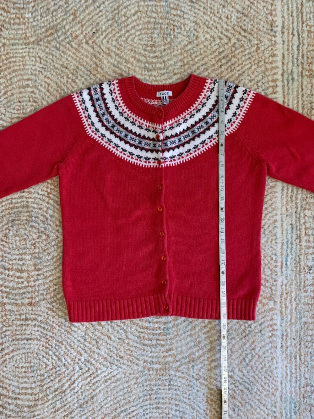 VINTAGE Izod Red Fair Isle Cardigan Sweater Cotton Women's Size M - Picture 6 of 8